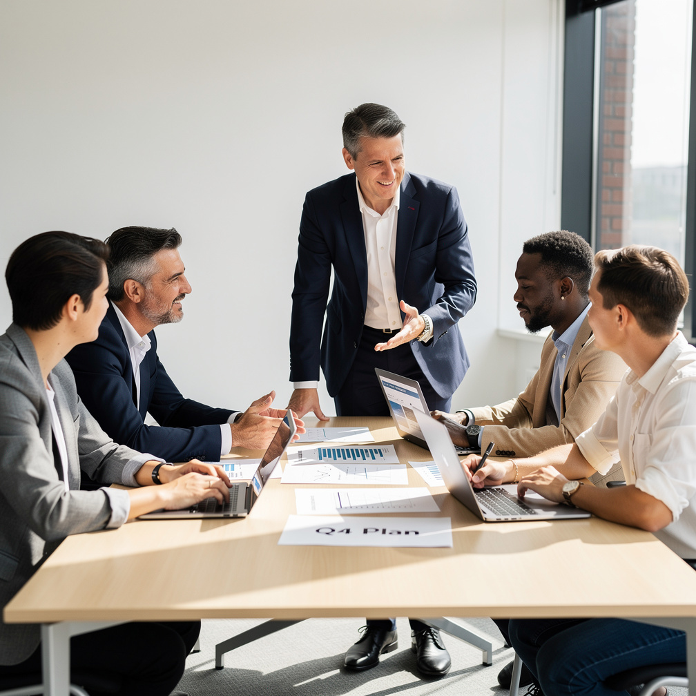 Colleagues discussing strategy around a table